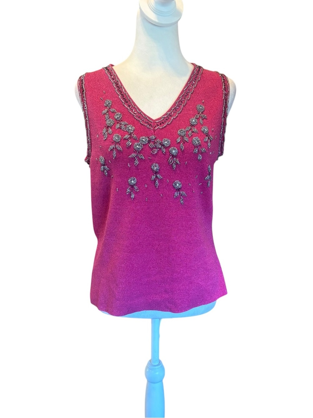 Evie Pink Silk Blend Beaded Metallic Sleeveless Top Womens Size Large V Neck